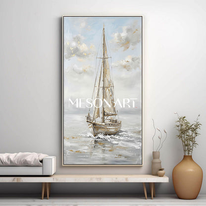Minimalist Nautical Art Print Of Solitary Sailboat On Misty Sea For Modern Entryway Wall Decoration