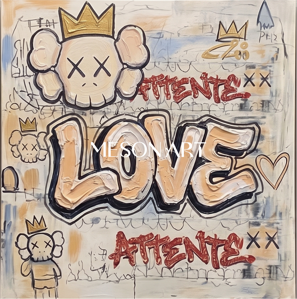 Urban Graffiti Wall Art With Crown And Heart Motifs For Modern Living Room Decor