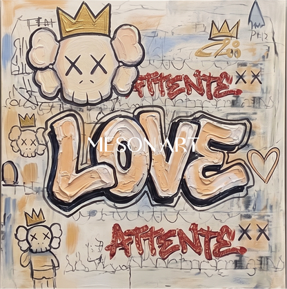 Urban Graffiti Wall Art With Crown And Heart Motifs For Modern Living Room Decor