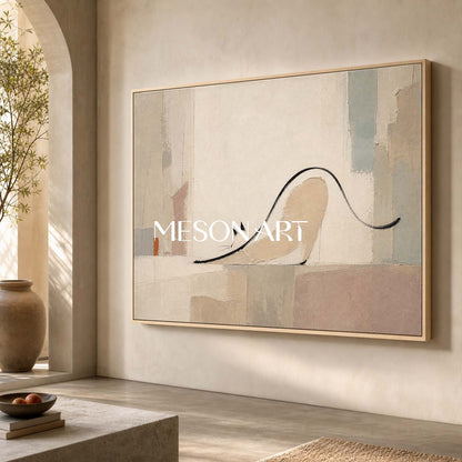 Minimalist Cat Abstract Painting In Beige And Grey For Modern Living Room Decor