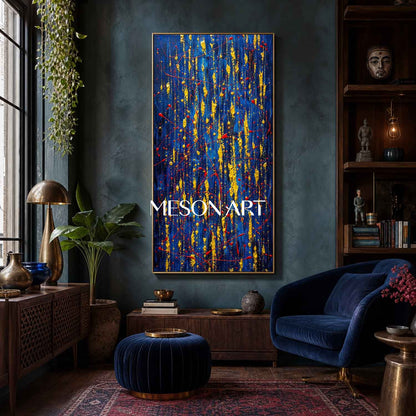 Blue And Gold Abstract Painting For Sale Inspired By Pollock Action Art