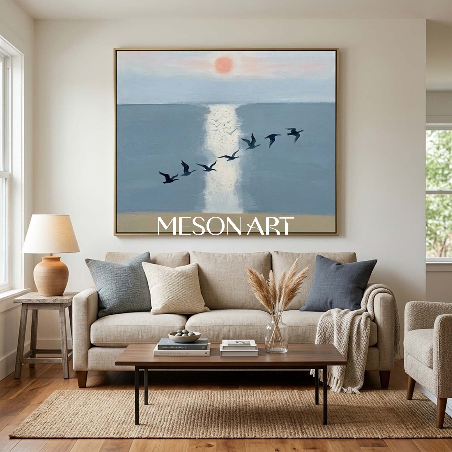 MesonArt Large Blue Sea Birds Canvas Wall Art for Modern Living Room