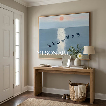 MesonArt Large Blue Sea Birds Canvas Wall Art for Modern Living Room