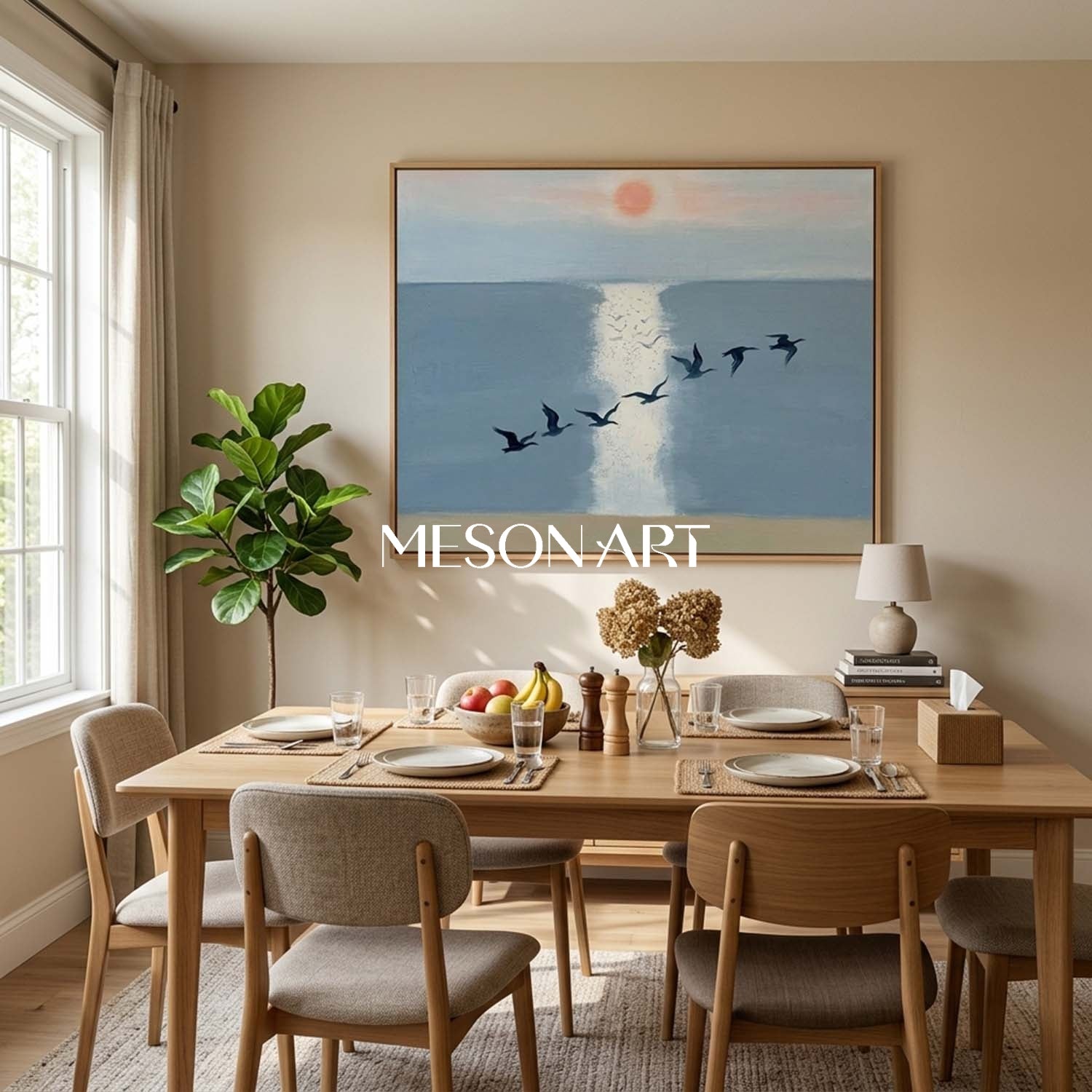 MesonArt Large Blue Sea Birds Canvas Wall Art for Modern Living Room