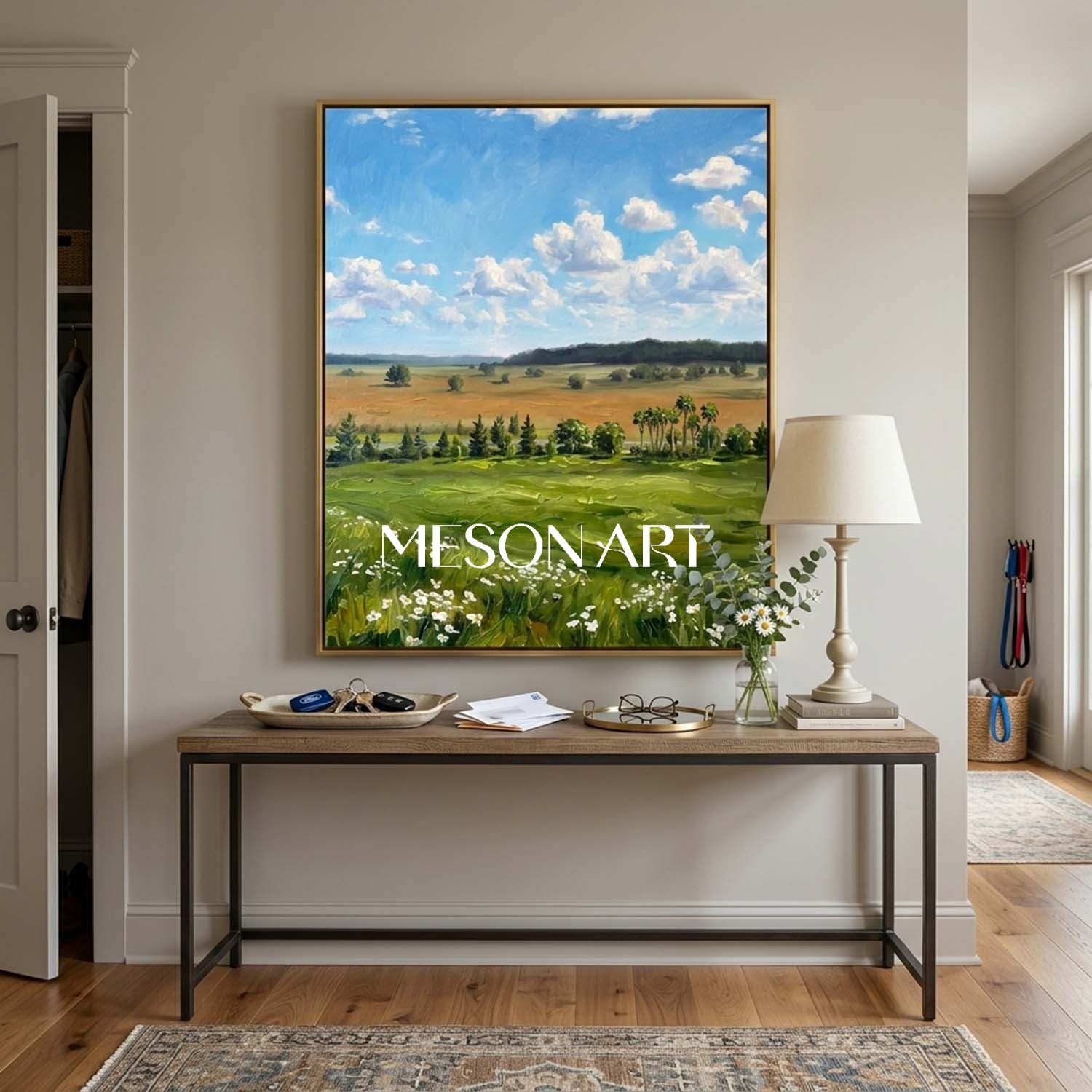 Thick Texture Landscape Oil Painting, Vertical Meadow Wall Art, Blue Sky Clouds Canvas Art, MesonArt Impasto Nature Decor