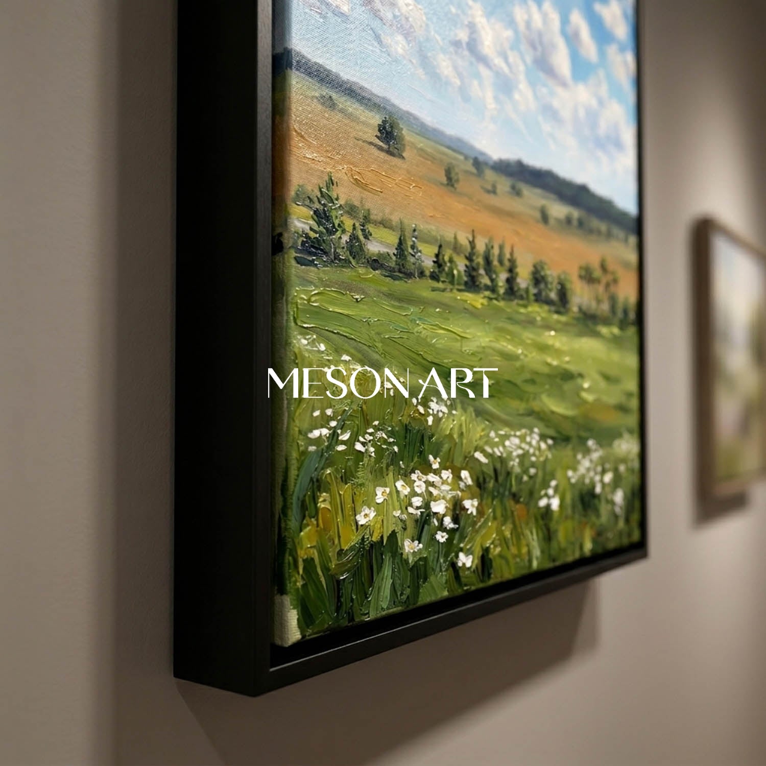 Thick Texture Landscape Oil Painting, Vertical Meadow Wall Art, Blue Sky Clouds Canvas Art, MesonArt Impasto Nature Decor