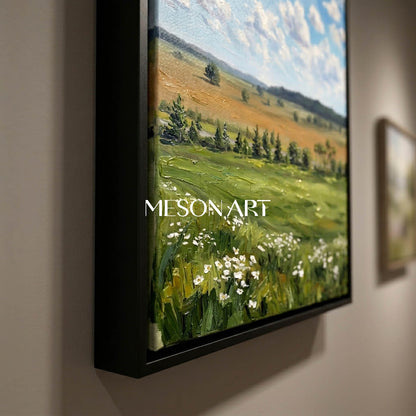 Thick Texture Landscape Oil Painting, Vertical Meadow Wall Art, Blue Sky Clouds Canvas Art, MesonArt Impasto Nature Decor