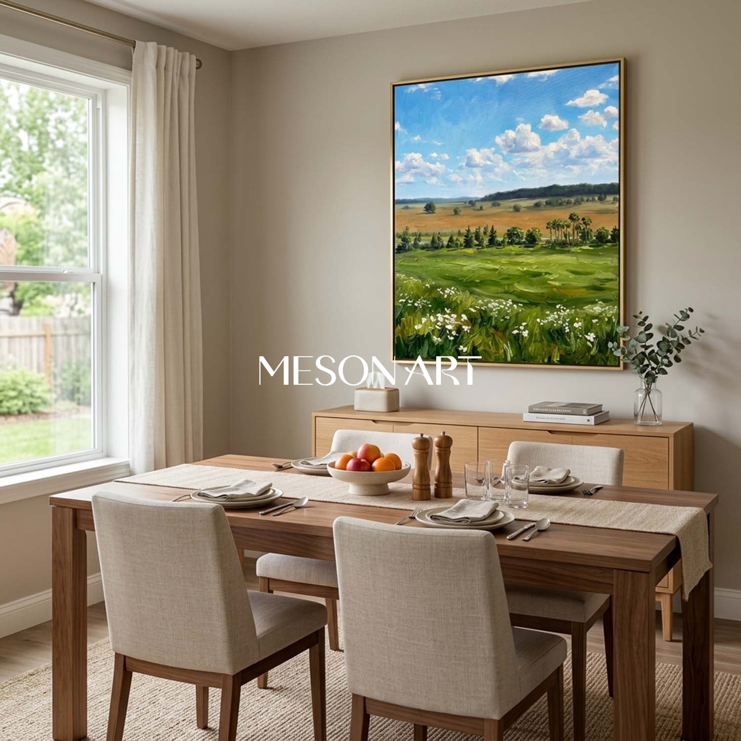 Thick Texture Landscape Oil Painting, Vertical Meadow Wall Art, Blue Sky Clouds Canvas Art, MesonArt Impasto Nature Decor