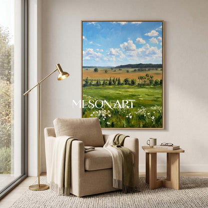 Thick Texture Landscape Oil Painting, Vertical Meadow Wall Art, Blue Sky Clouds Canvas Art, MesonArt Impasto Nature Decor