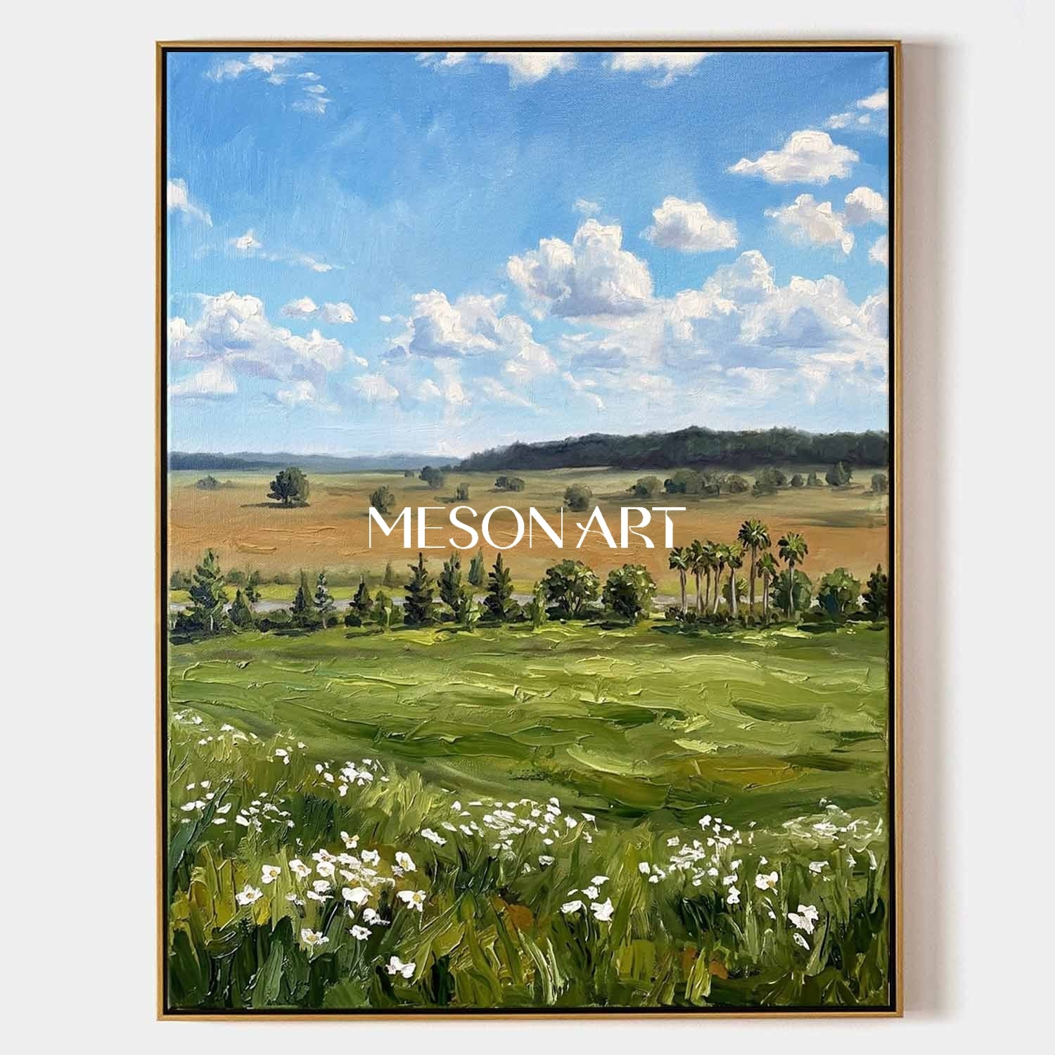 厚いテクスチャ風景油絵、垂直草原ウォールアート、青空雲のキャンバス
