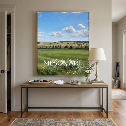 MesonArt Hyperrealistic Meadow Landscape Painting with Blue Sky for Wall Decor
