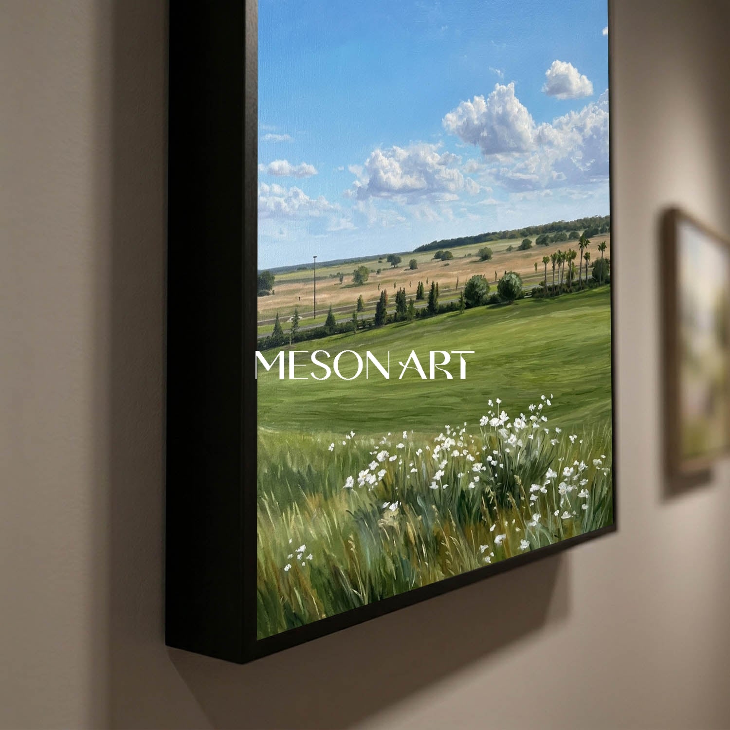MesonArt Hyperrealistic Meadow Landscape Painting with Blue Sky for Wall Decor