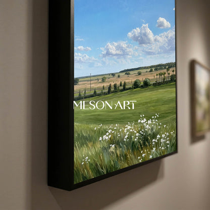 MesonArt Hyperrealistic Meadow Landscape Painting with Blue Sky for Wall Decor