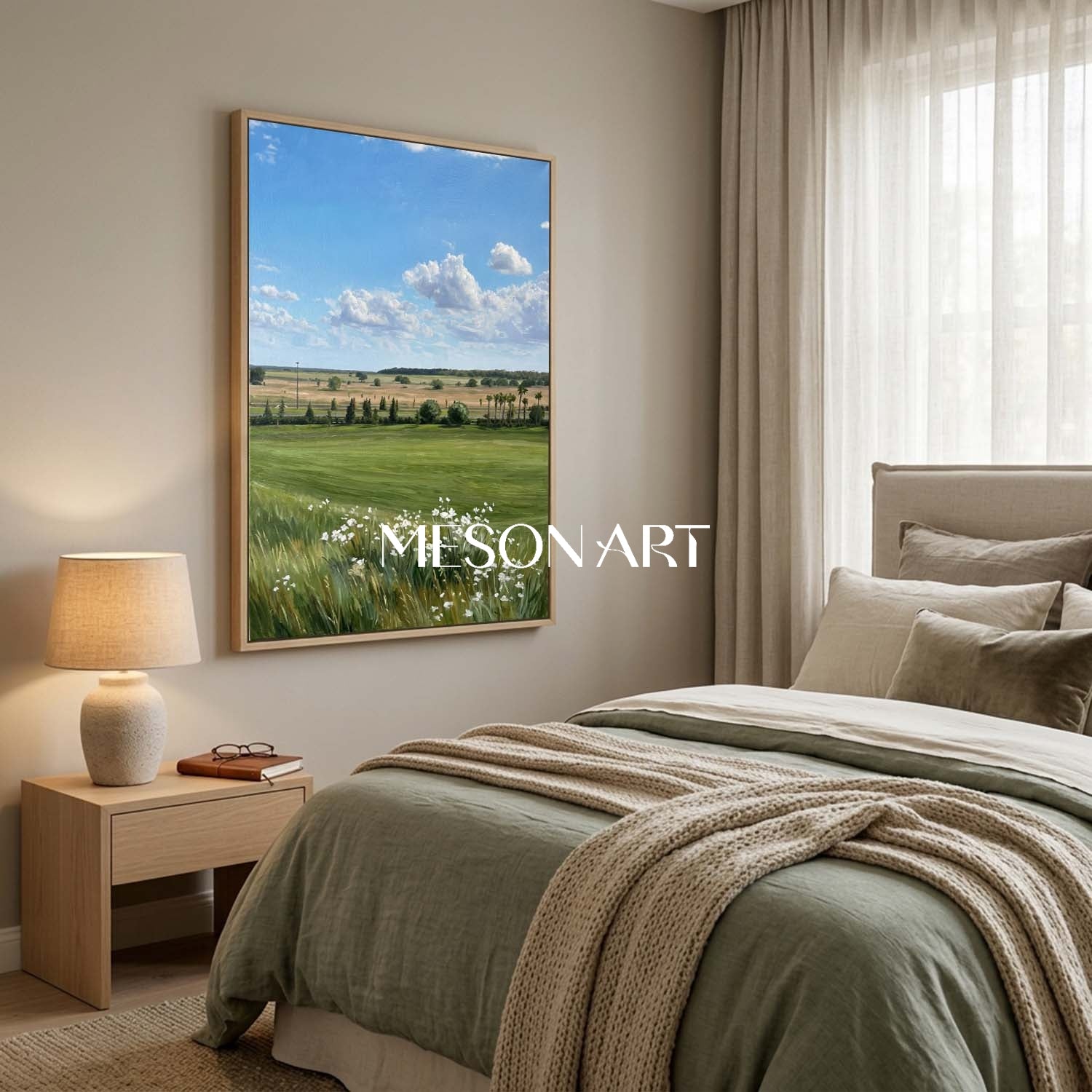 MesonArt Hyperrealistic Meadow Landscape Painting with Blue Sky for Wall Decor