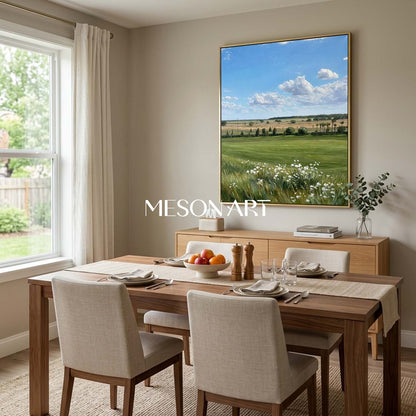 MesonArt Hyperrealistic Meadow Landscape Painting with Blue Sky for Wall Decor