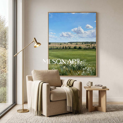 MesonArt Hyperrealistic Meadow Landscape Painting with Blue Sky for Wall Decor