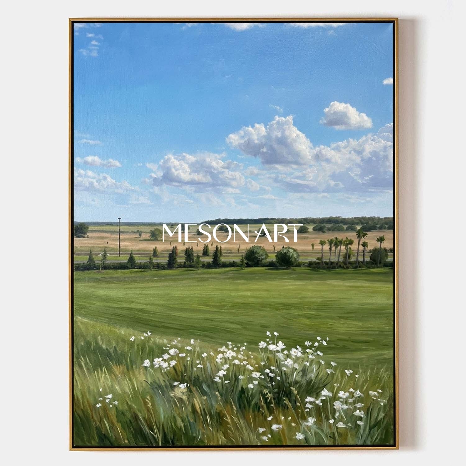MesonArt Hyperrealistic Meadow Landscape Painting with Blue Sky for Wall Decor