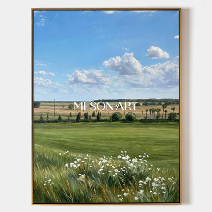 MesonArt Hyperrealistic Meadow Landscape Painting with Blue Sky for Wall Decor