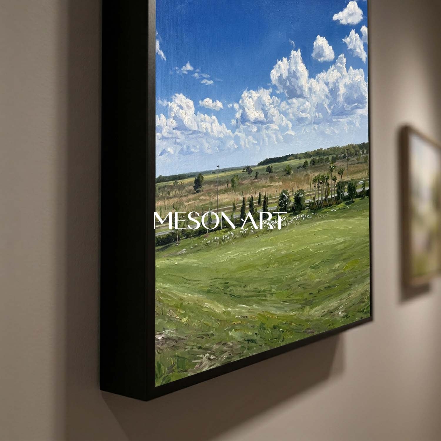 MesonArt 3D Textured Vertical Green Meadow and Blue Sky Oil Painting