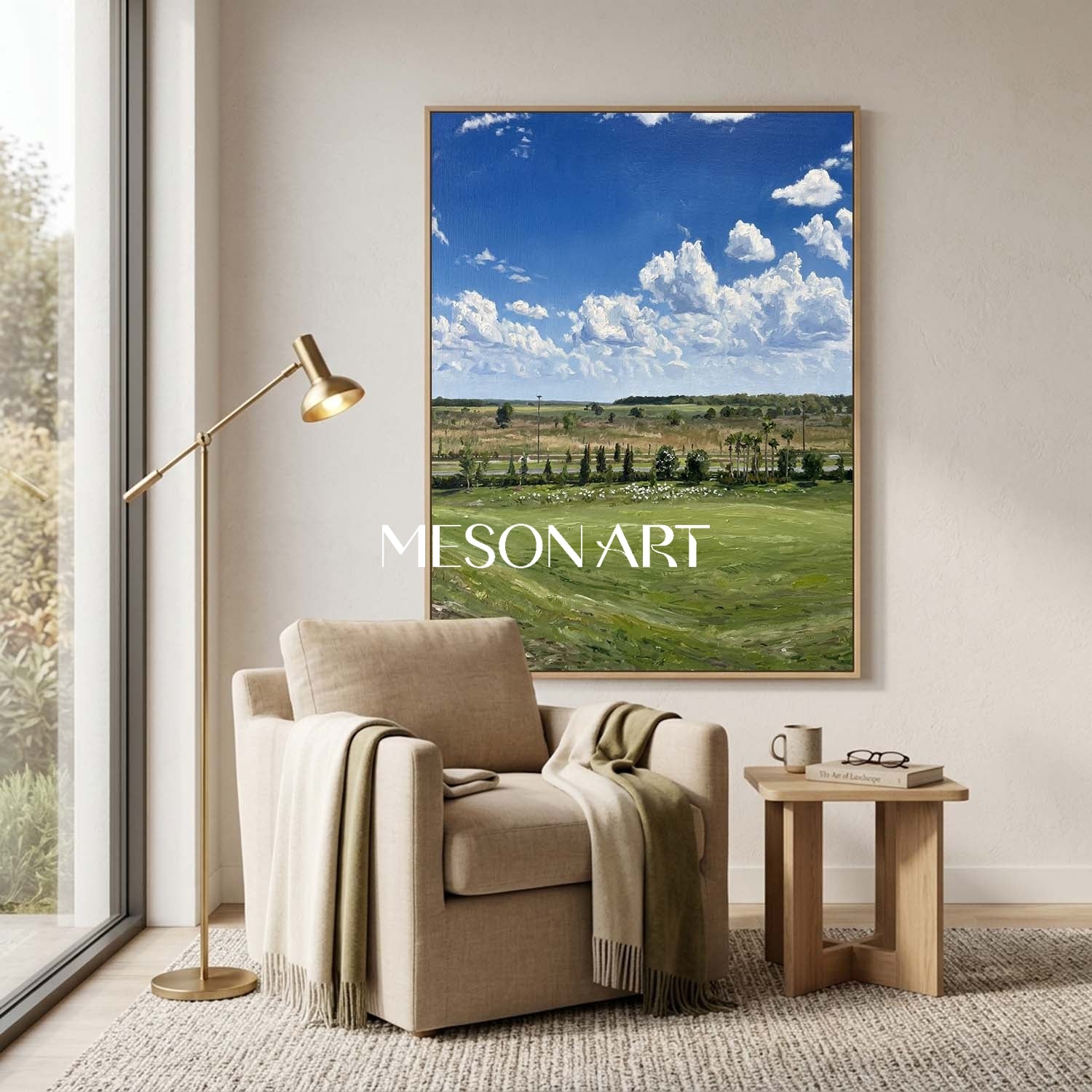MesonArt 3D Textured Vertical Green Meadow and Blue Sky Oil Painting