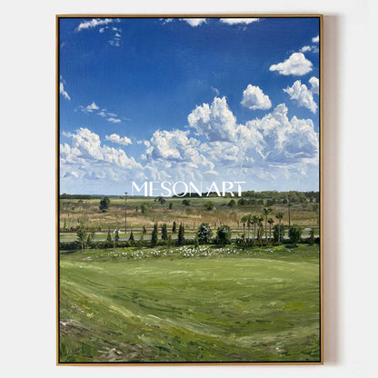 MesonArt 3D Textured Vertical Green Meadow and Blue Sky Oil Painting