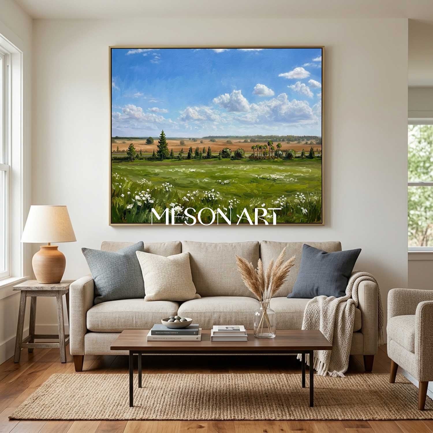 Impressionist Green Meadow Landscape Oil Painting for Modern Serenity