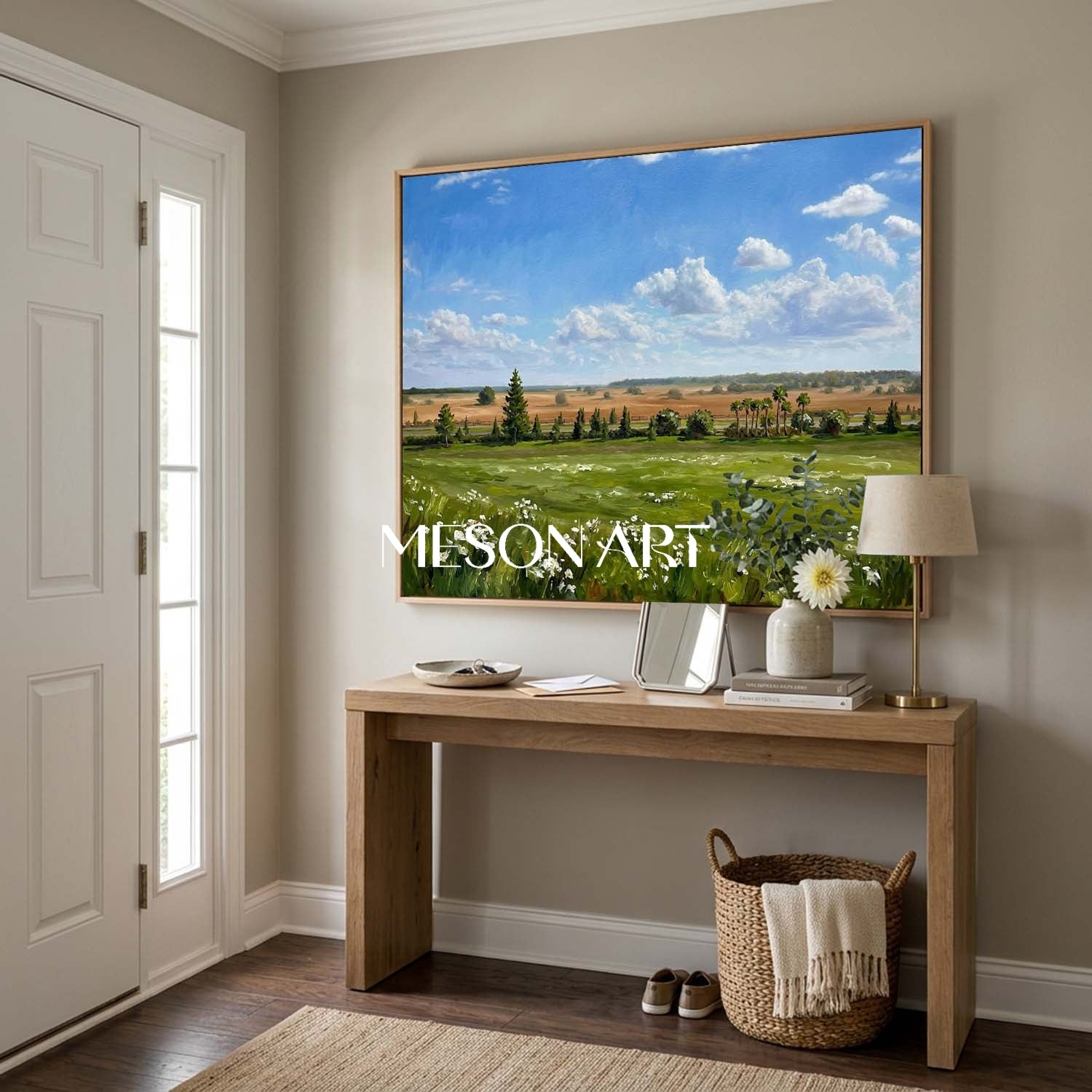 Impressionist Green Meadow Landscape Oil Painting for Modern Serenity