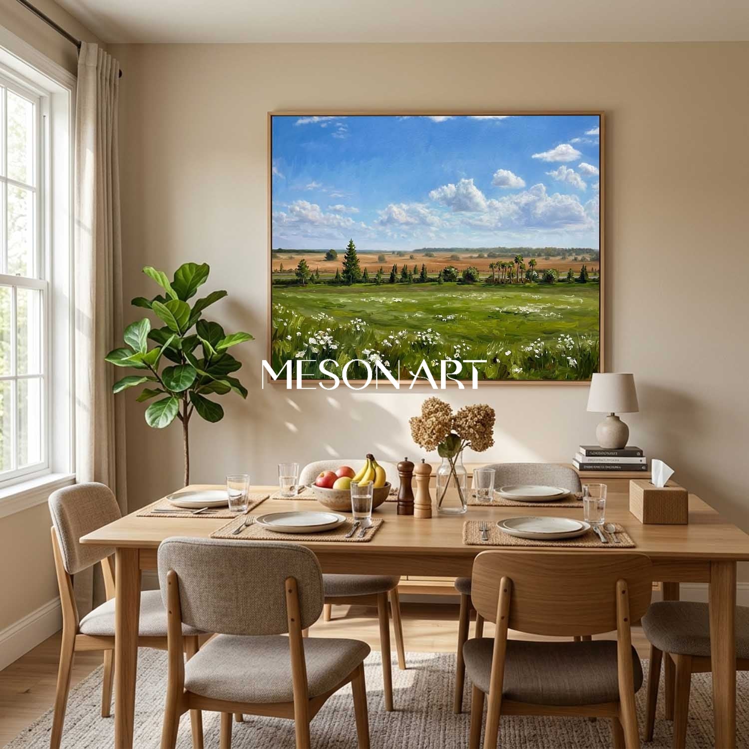 Impressionist Green Meadow Landscape Oil Painting for Modern Serenity