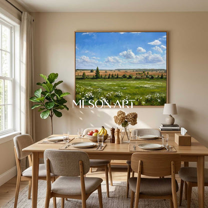 Impressionist Green Meadow Landscape Oil Painting for Modern Serenity