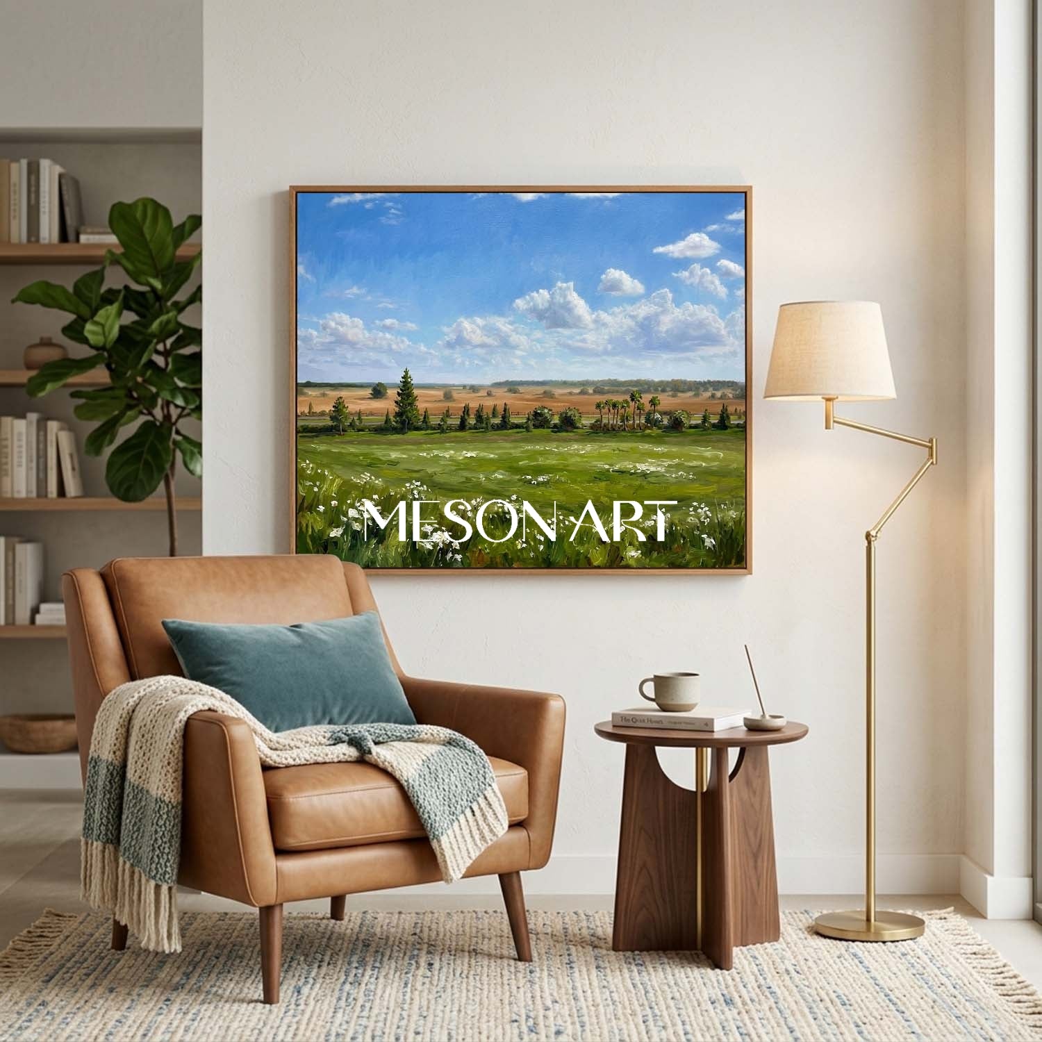 Impressionist Green Meadow Landscape Oil Painting for Modern Serenity