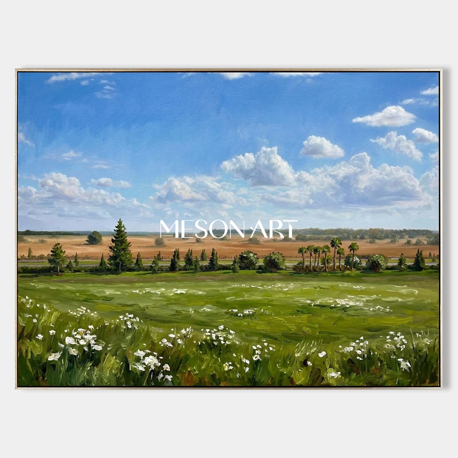 Impressionist Green Meadow Landscape Oil Painting for Modern Serenity
