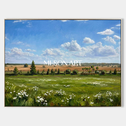 Impressionist Green Meadow Landscape Oil Painting for Modern Serenity