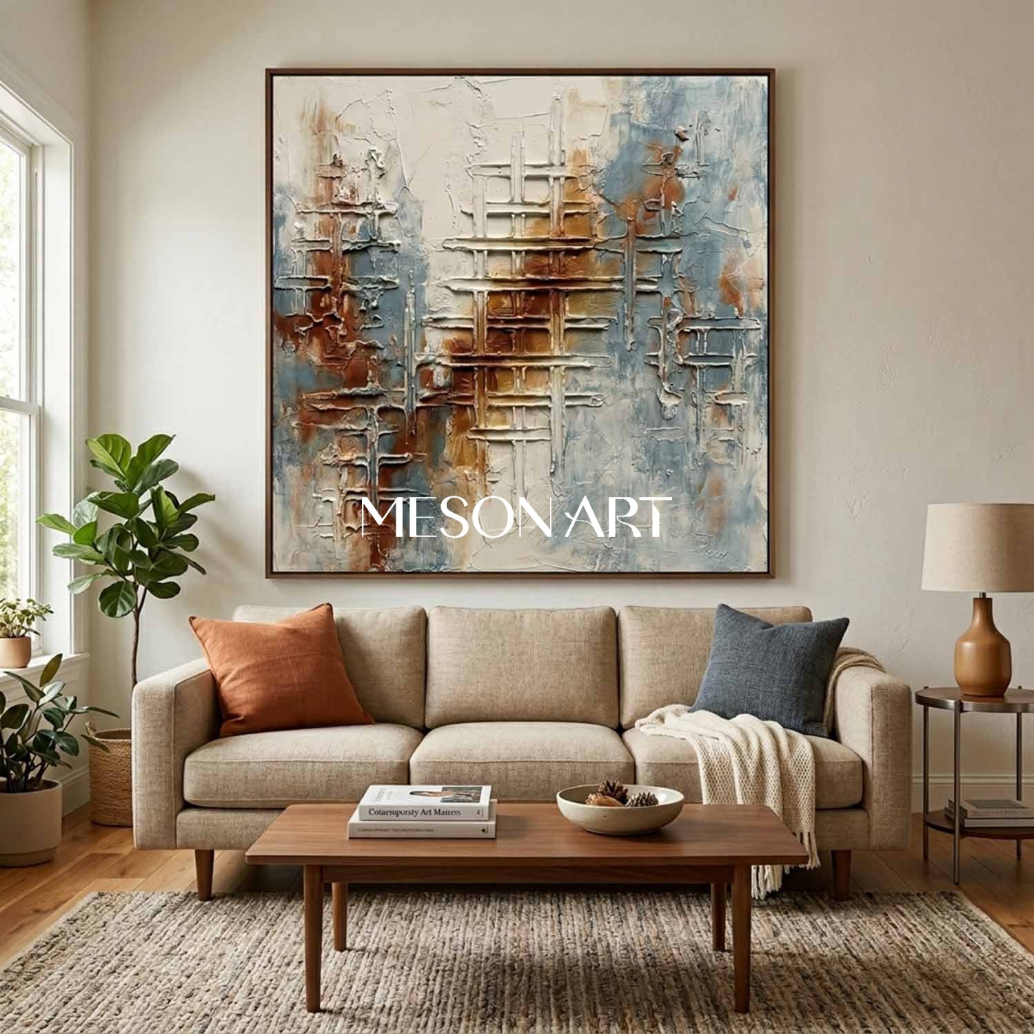 3D Plaster Relief Abstract Texture Oil Painting with Gold Frame