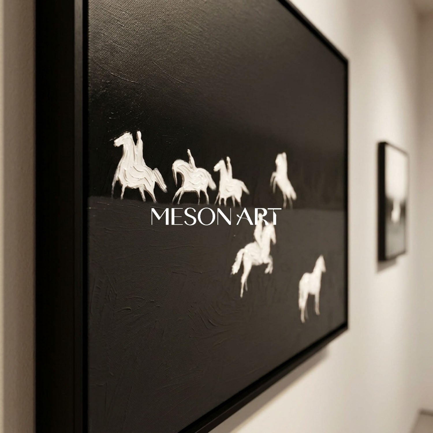 Minimalist Black and White Horse Oil Painting with Heavy Impasto Texture