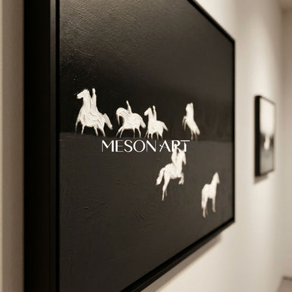Minimalist Black and White Horse Oil Painting with Heavy Impasto Texture