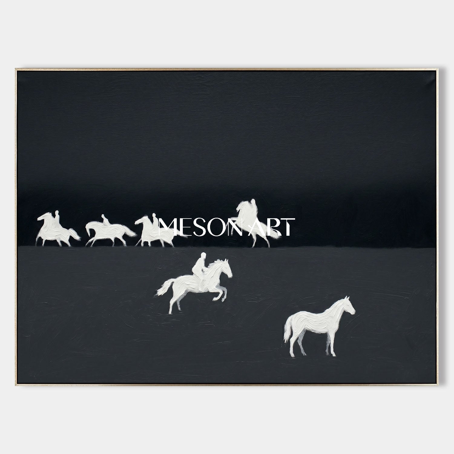 Minimalist Black and White Horse Oil Painting with Heavy Impasto Texture