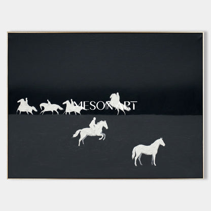 Minimalist Black and White Horse Oil Painting with Heavy Impasto Texture