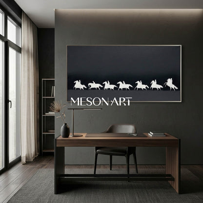 Panoramic Black and White Horse Oil Painting with 3D Impasto Texture