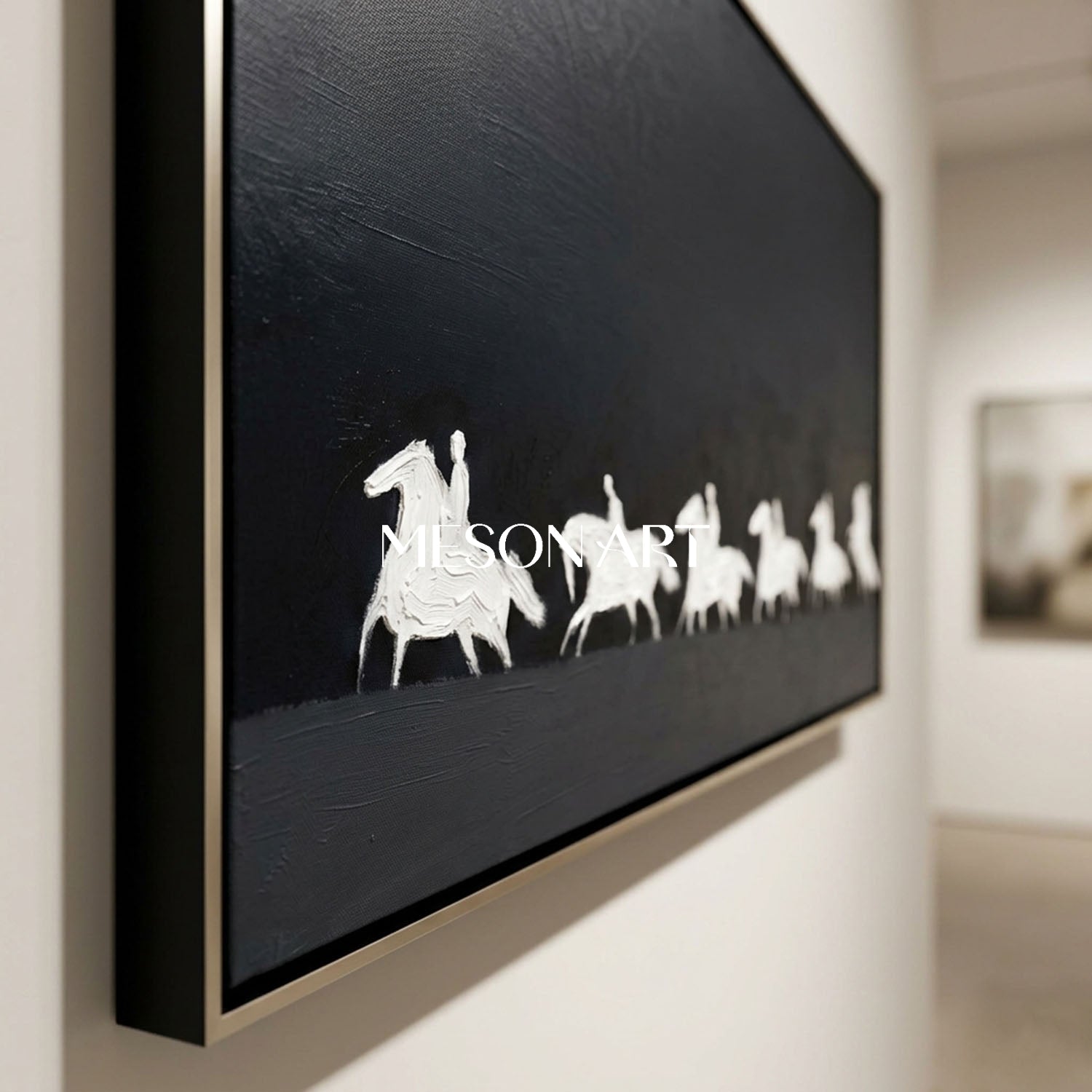 Panoramic Black and White Horse Oil Painting with 3D Impasto Texture