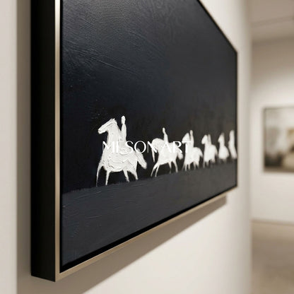 Panoramic Black and White Horse Oil Painting with 3D Impasto Texture