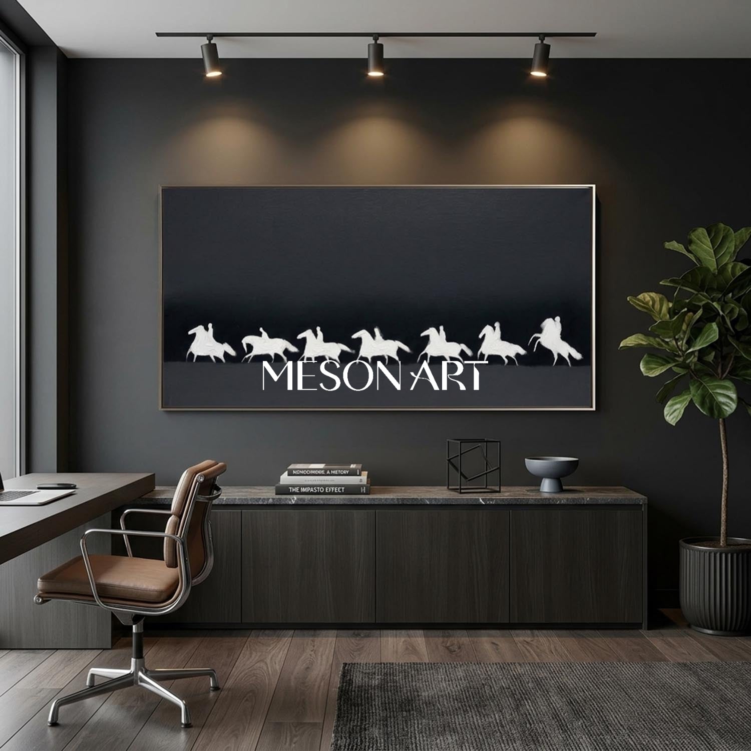 Panoramic Black and White Horse Oil Painting with 3D Impasto Texture