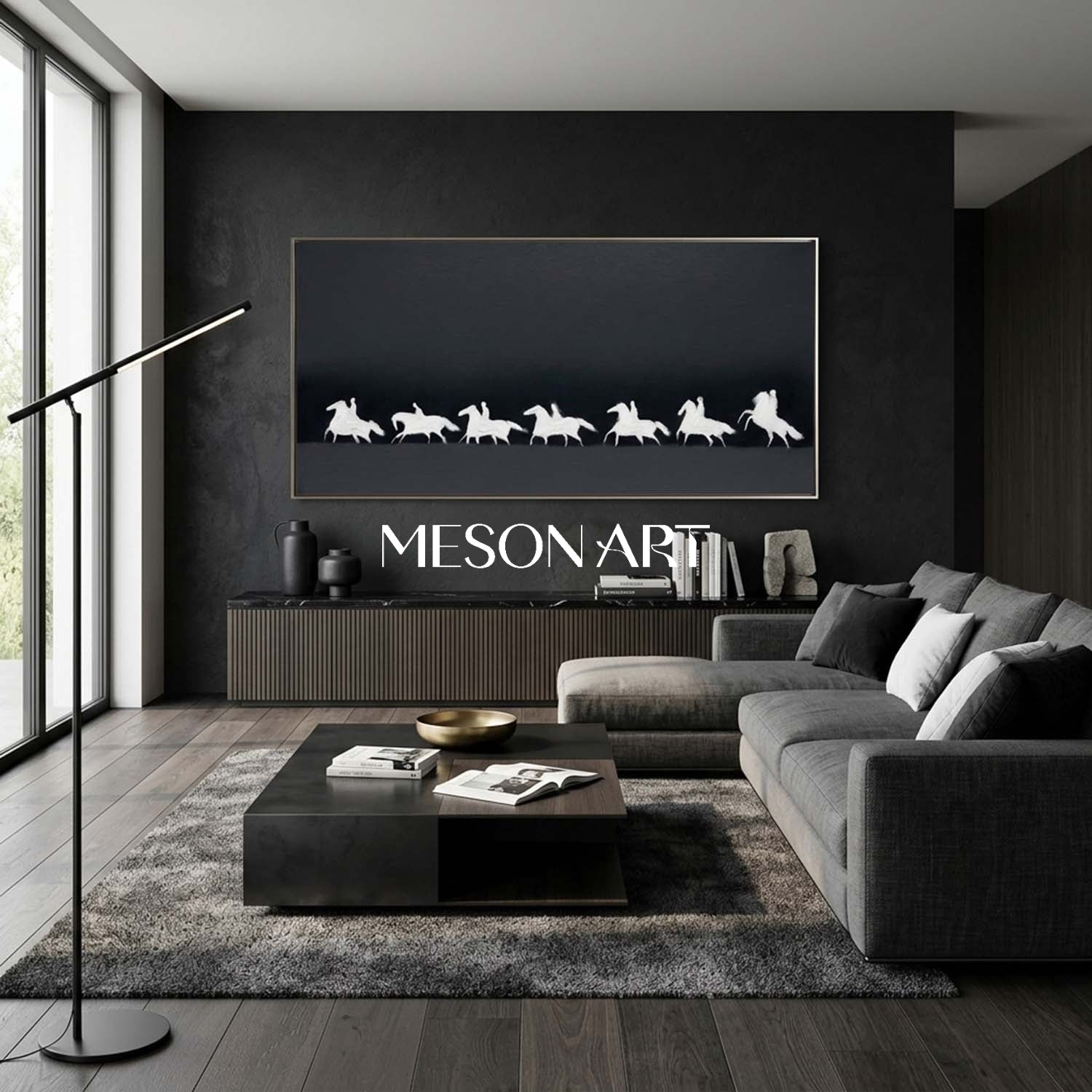 Panoramic Black and White Horse Oil Painting with 3D Impasto Texture
