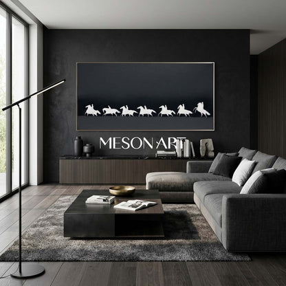 Panoramic Black and White Horse Oil Painting with 3D Impasto Texture