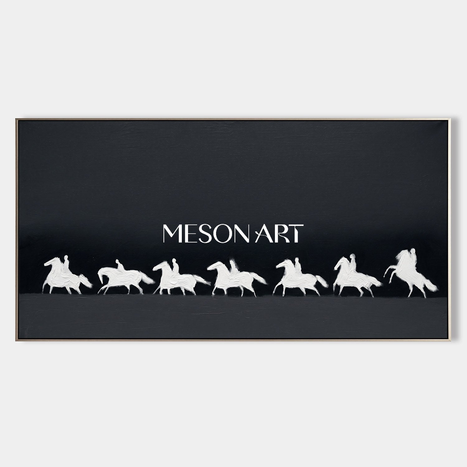 Panoramic Black and White Horse Oil Painting with 3D Impasto Texture