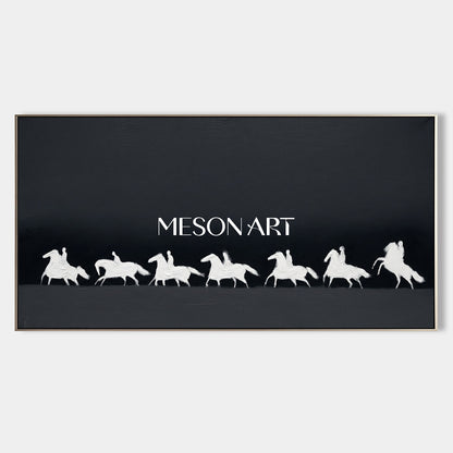 Panoramic Black and White Horse Oil Painting with 3D Impasto Texture