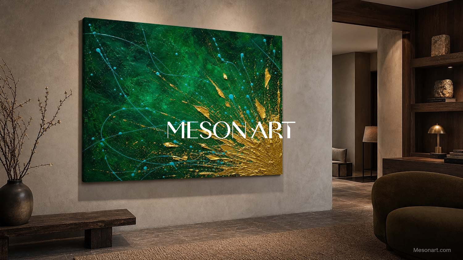 Green And Gold Abstract Painting With Fluid Motion Texture For Living Room Decor