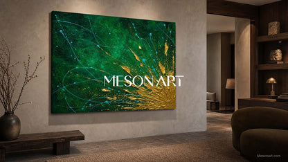 Green And Gold Abstract Painting With Fluid Motion Texture For Living Room Decor