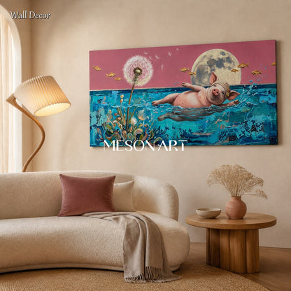 Pink And Blue Swimming Athlete Surrealist Painting Panoramic Wall Art Original Artist By Mesonart