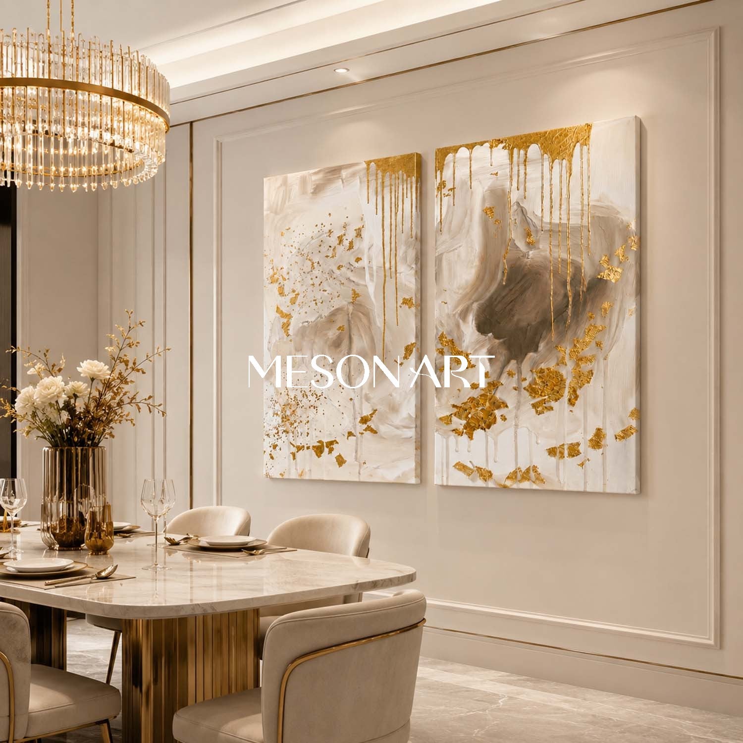 Luxury Gold Leaf Abstract Diptych Painting With Textured Beige Tones For Modern Living Room Decor