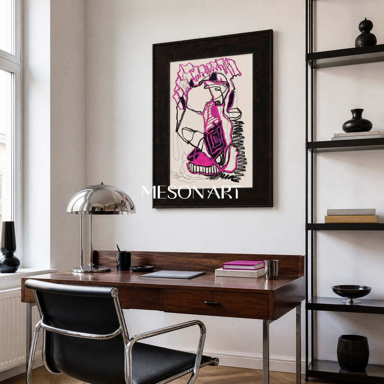 Pink And Black Painting Contemporary Original Artwork Rectangular Wall Decor For Living Room By Mesonart